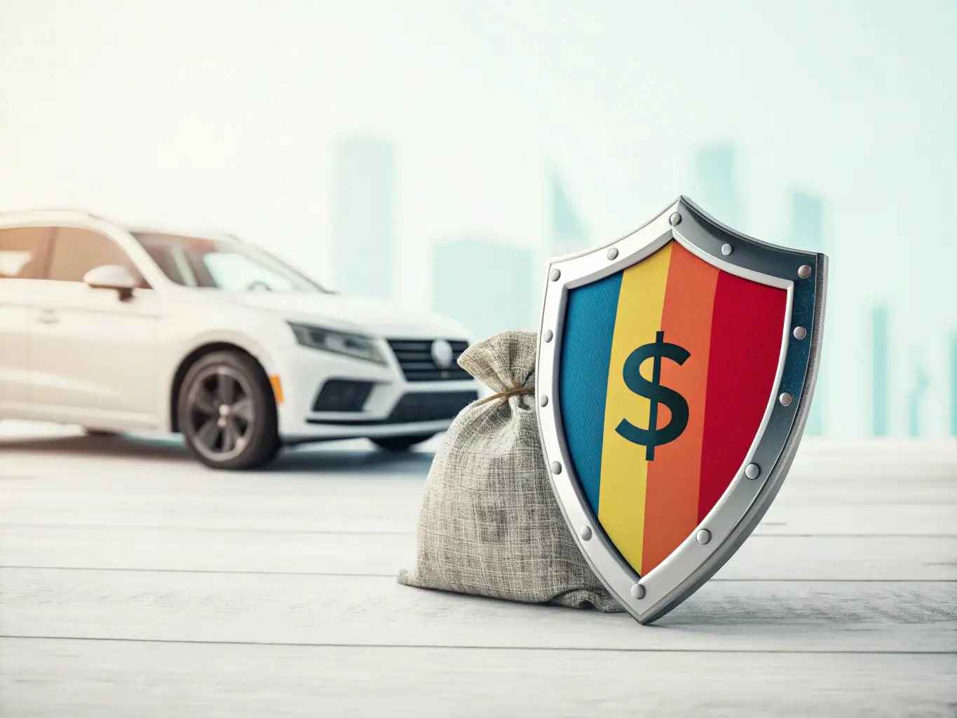 An image of a strong shield protecting various assets like a house, car, and investments, symbolizing asset protection.