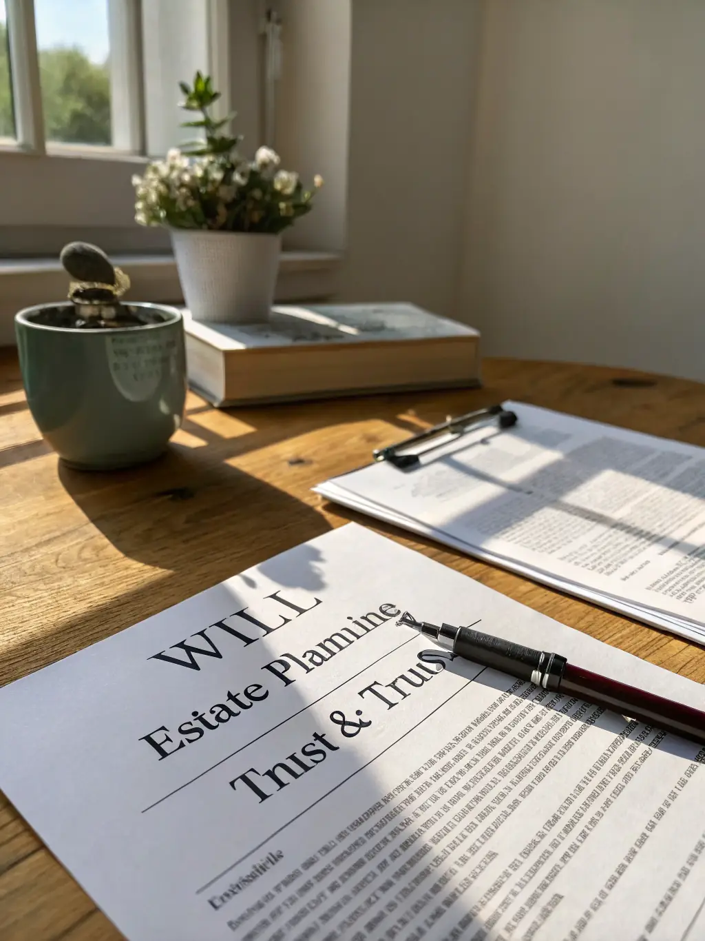 A serene image of a well-organized document representing a will or trust, highlighting the peace of mind that comes with proper estate planning.
