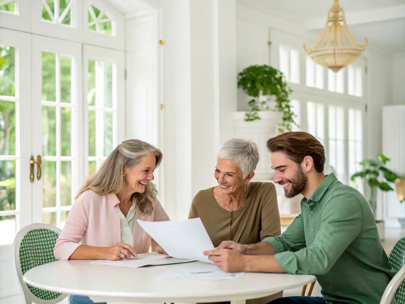 A family happily gathered around a table, reviewing financial documents, representing the peace of mind that comes with estate planning.